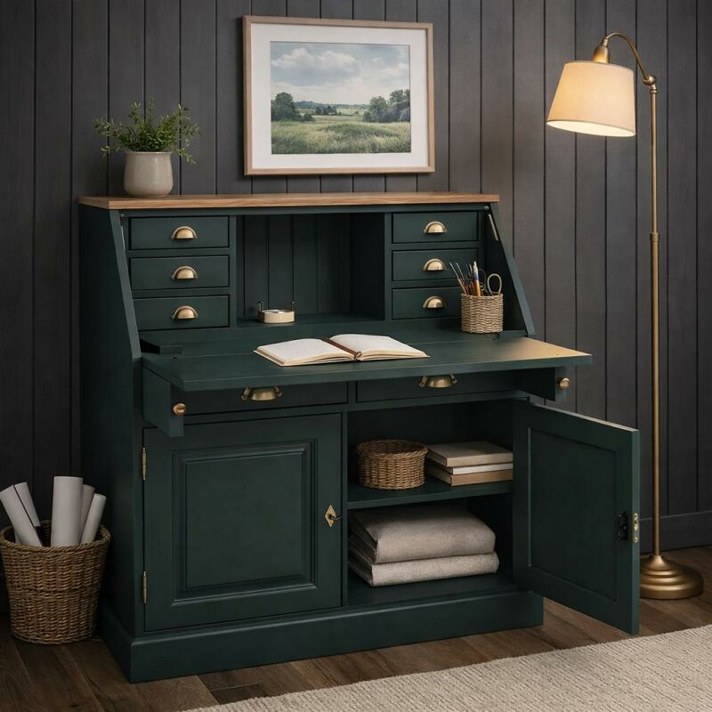 Sekretär mit Schreibablage - Landhaus Schreibtisch mit Eicheplatte in ozeanblau