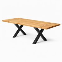 Wildeiche-Esstisch 160x90cm mit 2 Ansteckplatten,  X-Gestell - gerade Kante