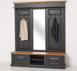 Große Landhaus Garderobe mit Kleiderhaken und Spiegel, Eichenplatte
