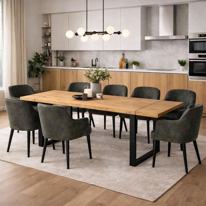 Esstisch Wildeiche 160x90cm mit 2 Ansteckplatten,  U-Gestell - gerade Kante
