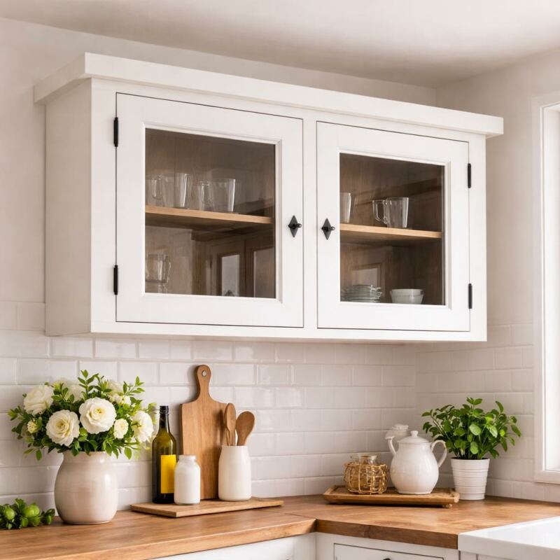 Hängeschrank mit Glastüren für Landhausküche weiß-braun