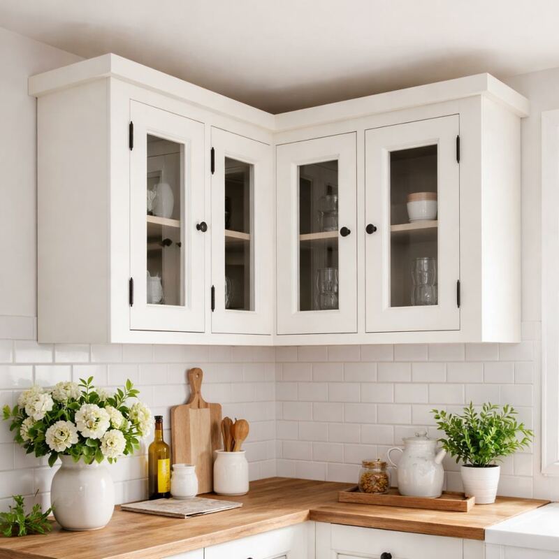 Landhaus Hänge-Eckschrank Glastüren weiß-graubraun