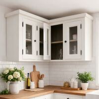 Landhaus Hänge-Eckschrank Glastüren weiß-graubraun
