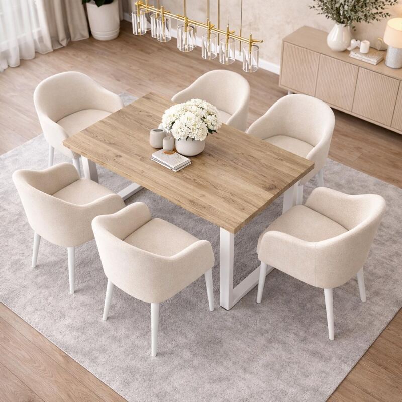 Küchentisch 140x90cm Wildeiche White Washed mit weißem U-Gestell - gerade Kante