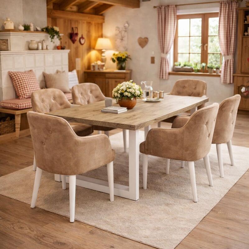 Holztisch White Washed 180x90cm mit weißem U-Gestell - gerade Kante