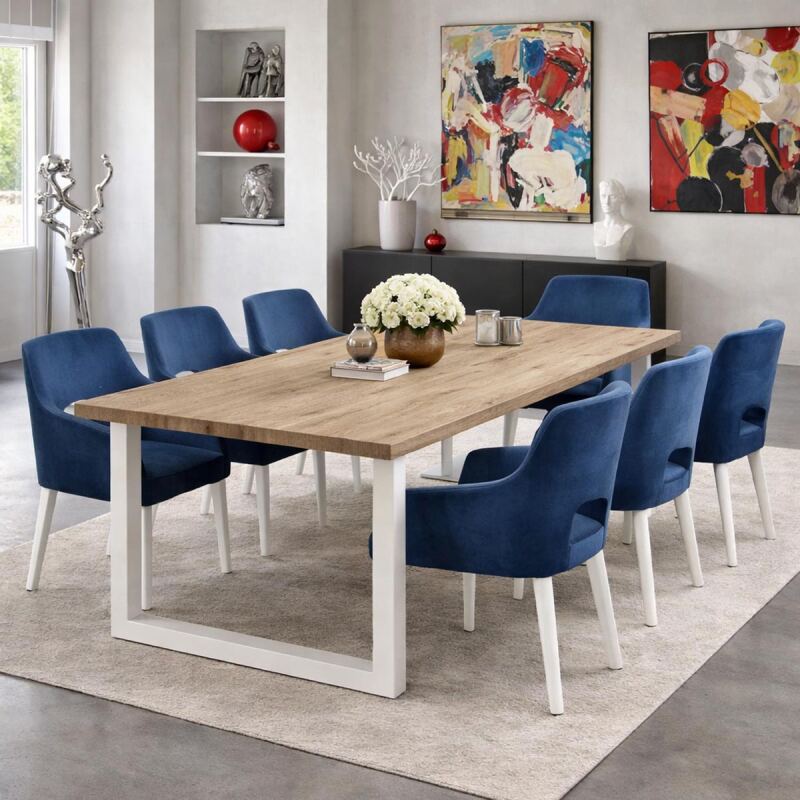 Esszimmertisch White Washed 220x100cm mit weißem U-Gestell - gerade Kante