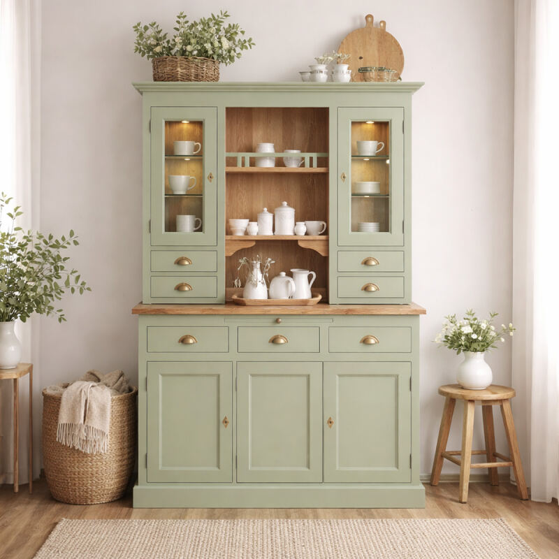 Landhaus Buffetschrank grün mit LED-Beleuchtung und Glasböden