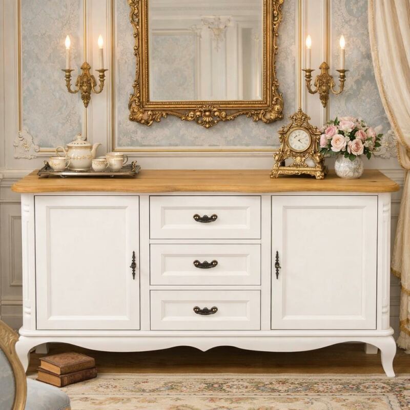 Barockes Sideboard - nostalgisches weiß/ Eichenplatte hellbraun