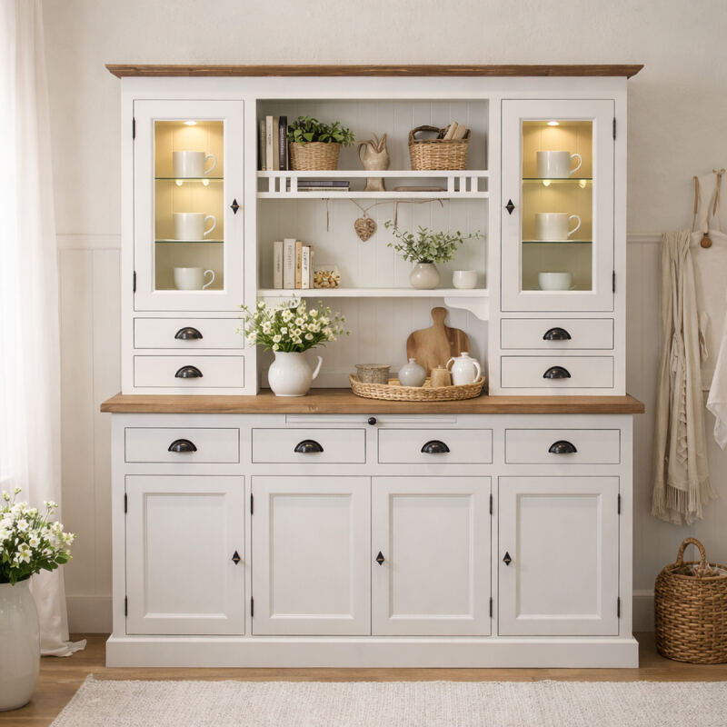 Buffetschrank Weiß Landhausstil mit LED-Beleuchtung und Glastüren