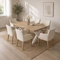 Landhaus-Esstisch Wildeiche White Washed 140x90cm, weißes X-Gestell - gerade Kante