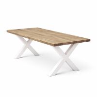 Landhaus-Esstisch Wildeiche White Washed 140x90cm, weißes X-Gestell - gerade Kante