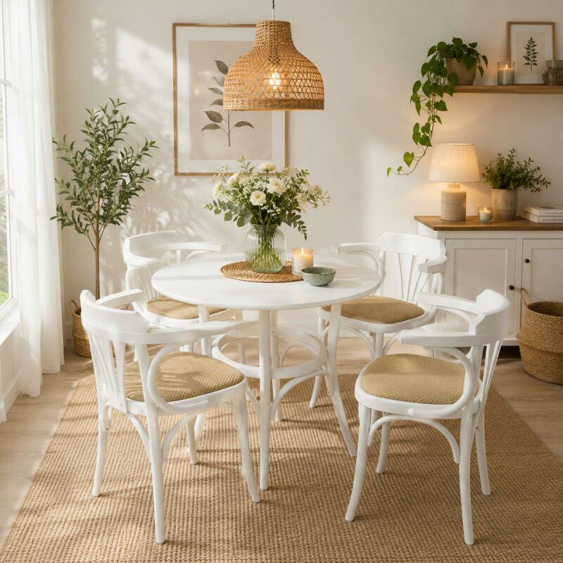 Essgruppe Weiß 5-teilig: Esstisch rund mit 4 Stühlen, weiß - Onlineshop für massive Landhausmöbel