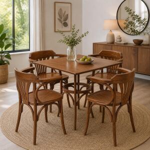 Massivholz Essgruppe 5-tlg.: quadratischer Esstisch mit 4...