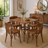 Massivholz Essgruppe 5-tlg.: quadratischer Esstisch mit 4 Stühlen, Farbe Nussbaum