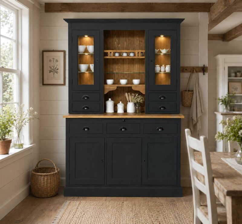 schwarzer Buffetschrank - Küchenschrank im Landhausstil mit dimmbarer Beleuchtung