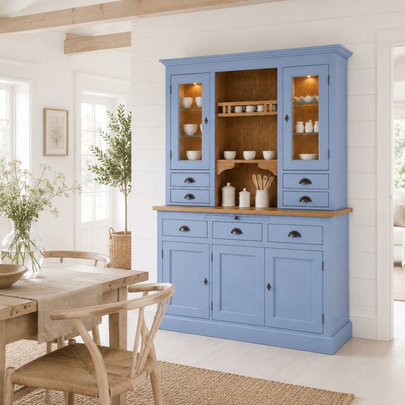 Landhaus-Buffet - himmelblauer Küchen-Vitrinenschrank