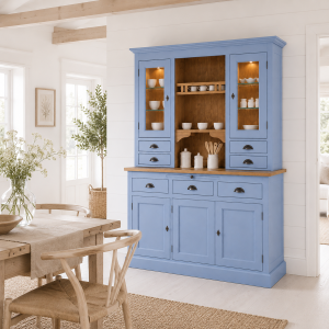 Landhaus-Buffet - himmelblauer Küchen-Vitrinenschrank