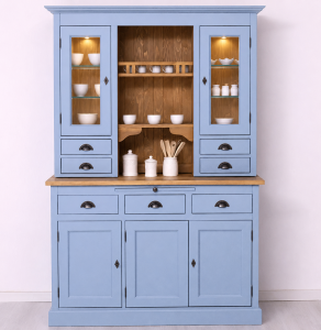 Landhaus-Buffet - himmelblauer Küchen-Vitrinenschrank