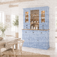 Landhaus-Buffet - himmelblauer Küchen-Vitrinenschrank