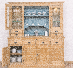 großes Küchenbuffet hellbraun + türkisblau - Vitreinenschrank mit LED-Beleuchtung