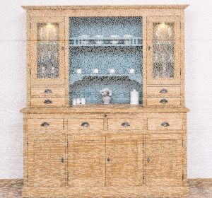 großes Küchenbuffet hellbraun + türkisblau - Vitreinenschrank mit LED-Beleuchtung
