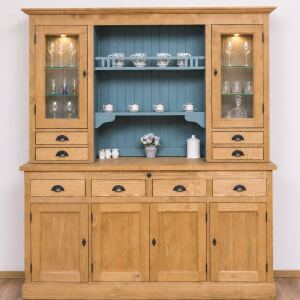 großes Küchenbuffet hellbraun + türkisblau - Vitreinenschrank mit LED-Beleuchtung