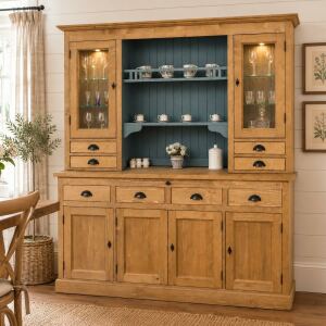 großes Küchenbuffet hellbraun + türkisblau - Vitreinenschrank mit LED-Beleuchtung