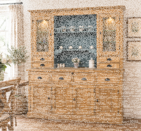 großes Küchenbuffet hellbraun + türkisblau - Vitreinenschrank mit LED-Beleuchtung