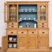 großes Küchenbuffet hellbraun + türkisblau - Vitreinenschrank mit LED-Beleuchtung