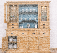 großes Küchenbuffet hellbraun + türkisblau - Vitreinenschrank mit LED-Beleuchtung