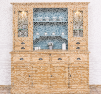 großes Küchenbuffet hellbraun + türkisblau - Vitreinenschrank mit LED-Beleuchtung