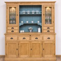 großes Küchenbuffet hellbraun + türkisblau - Vitreinenschrank mit LED-Beleuchtung