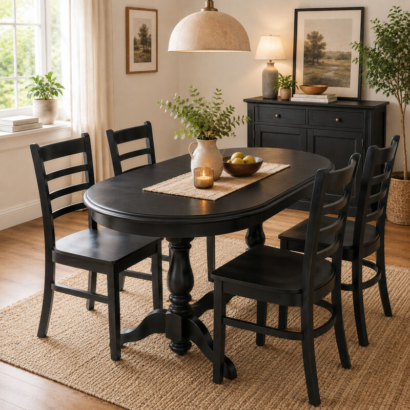 Esszimmer-Set schwarz 5-teilig Landhaus: 4 Stühle und 1 Tisch