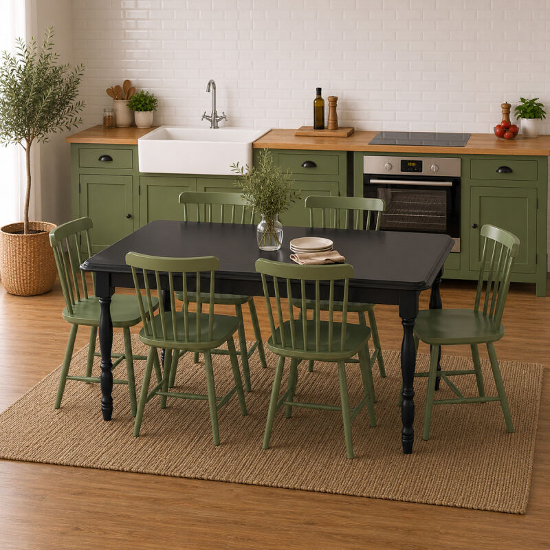 Landhaus Esszimmer-Set:: 6 Stühle und 1 Tisch, schwarz/resedagrün