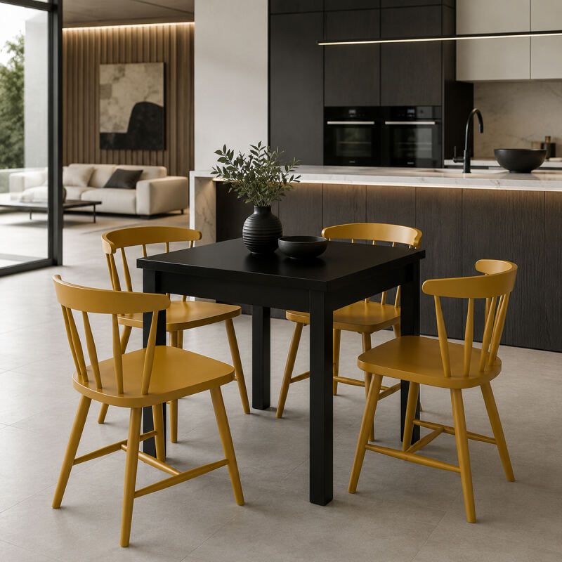 Design-Essgruppe: Esstisch mit vier Stühlen, honiggelb/schwarz