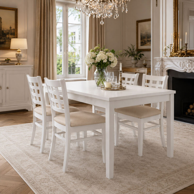 Essgruppe 5-teilig Weiß | Esstisch mit 4 Polsterstühlen | Landhausstil