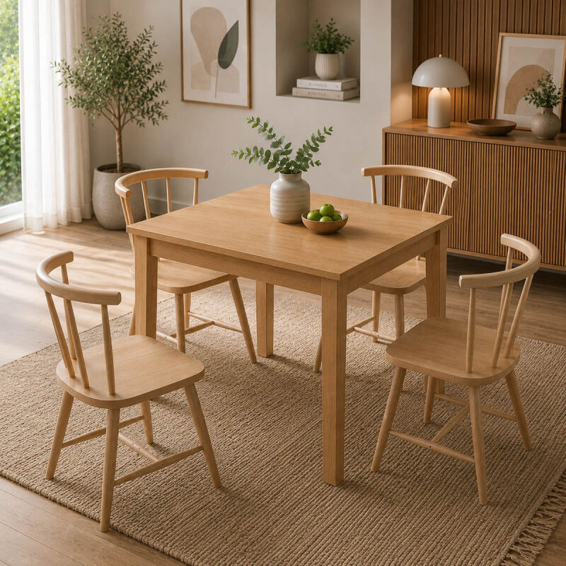 Dining-Komplettset 5-teilig: 4 Stühle + Tisch, Skandi-Look, Buche natur