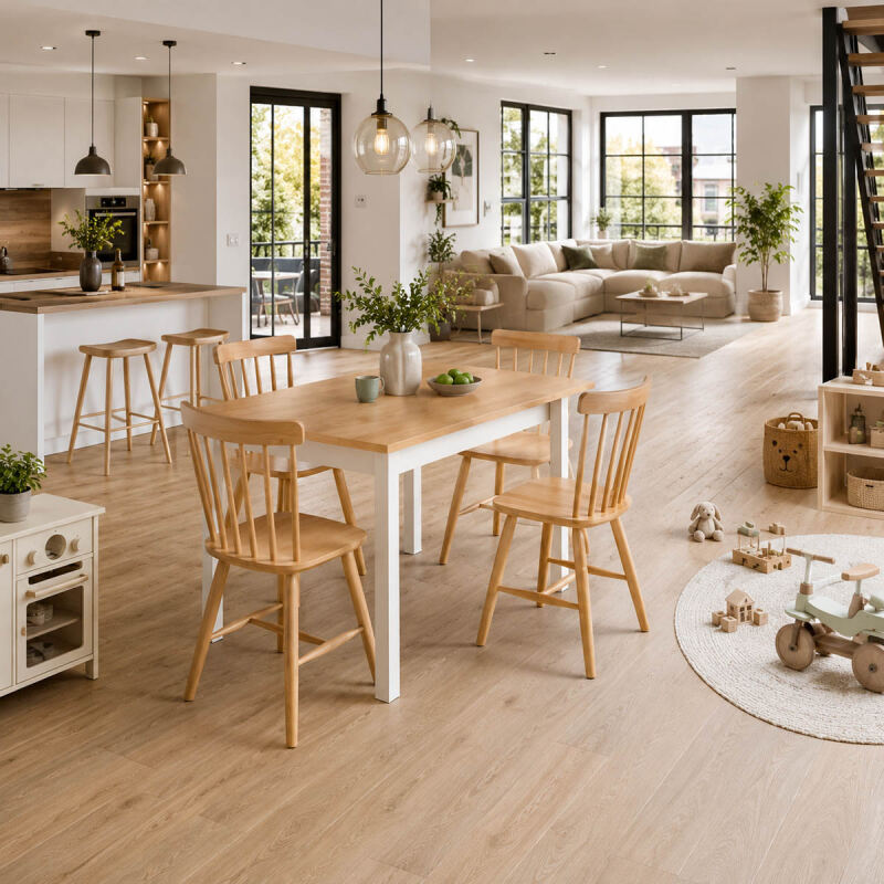5-teilige Essgruppe im Landhausstil – Esstisch Buche Natur & Weiß mit 4 Windsor-Stühlen