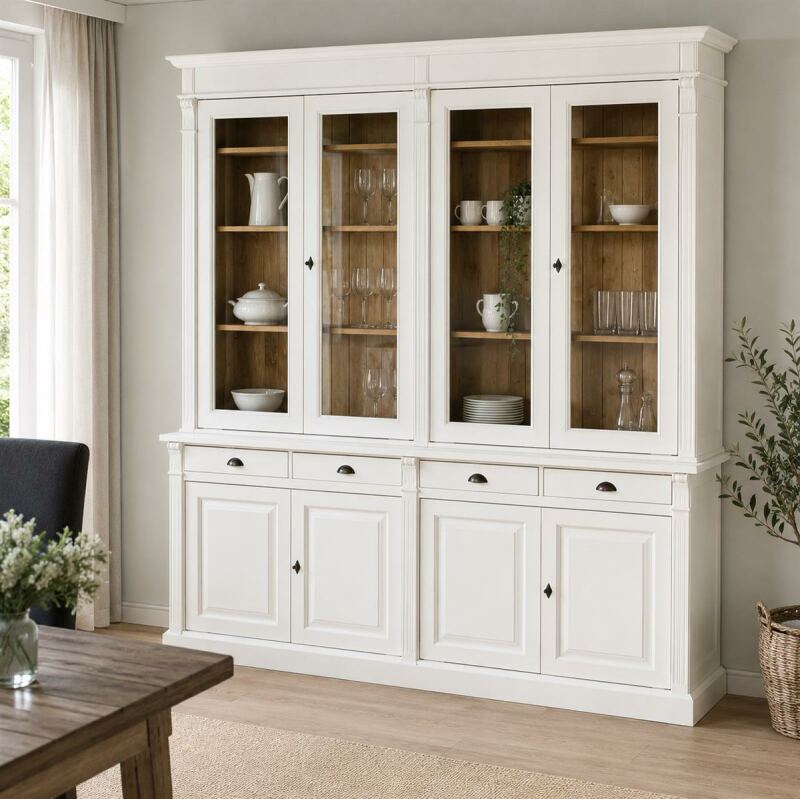 Großer Vitrinenschrank Salzburg Landhausstil, cremeweiß-braun
