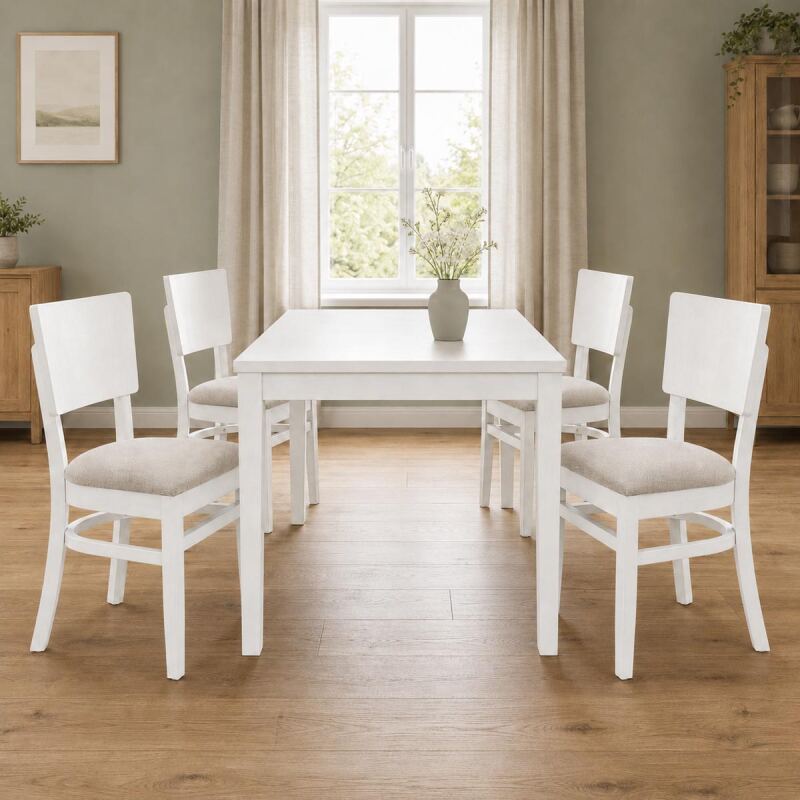 Massivholz-Esszimmer-Set 5-teilig weiß | Tisch & 4 Polsterstühle