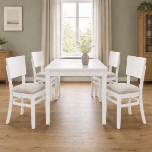 Massivholz-Esszimmer-Set 5-teilig weiß | Tisch & 4 Polsterstühle