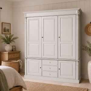 Großer Landhausschrank - Drehtüren und Schubladen in cremegrau