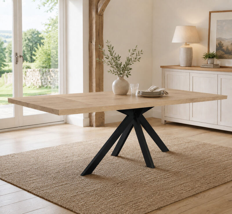 Esstisch Wildeiche White Washed mit Spider Gestell – 40 mm, 180x90 cm