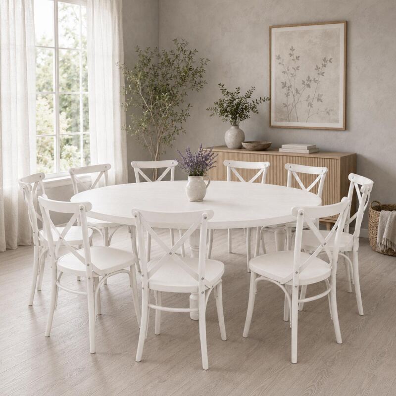 Esszimmer-Set Weiß: Rundtisch Ø 200 cm & 8 Stühle