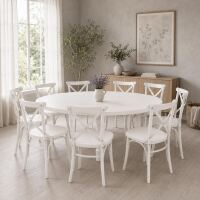 Esszimmer-Set Weiß: Rundtisch Ø 200 cm & 8 Stühle
