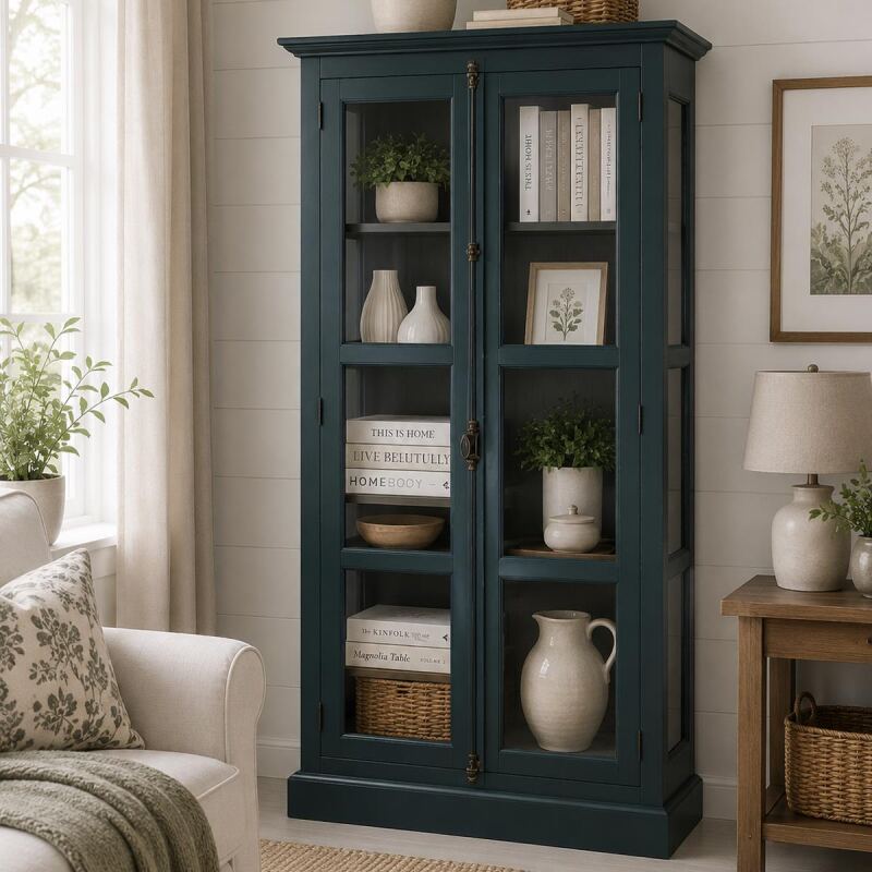 Landhaus Vitrine -  Schrank mit Glastüren Ozeanblau