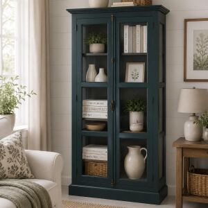 Landhaus Vitrine -  Schrank mit Glastüren Ozeanblau