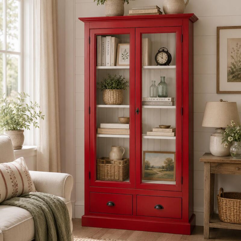 Vitrinenschrank im Antik-Look - rote Vitrine mit Schubladen