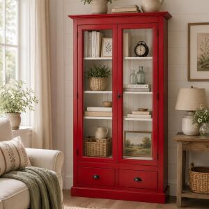 Vitrinenschrank im Antik-Look - rote Vitrine mit Schubladen