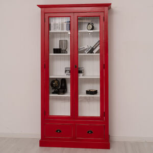 Vitrinenschrank im Antik-Look - rote Vitrine mit Schubladen